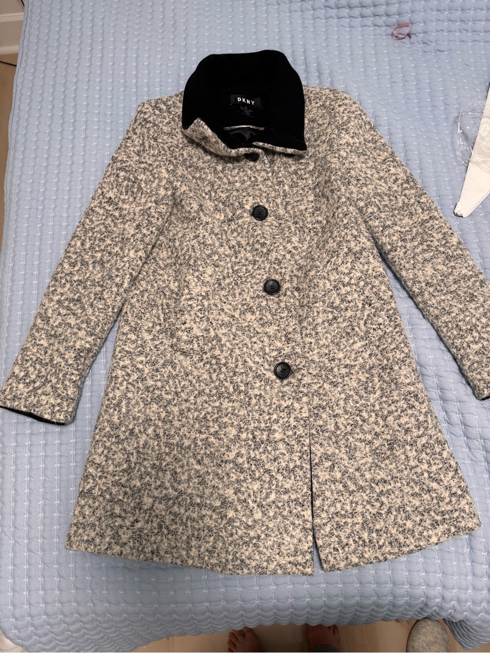 DKNY Black and White Tweed Pea Coat
